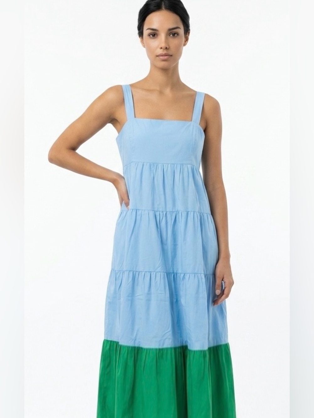 COMPANIA FANTASTICA | NEW Lucy Colorblock Blue Green Tiered Dress Women’s Size L